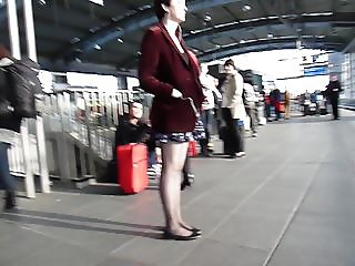 Following hot girl in Red Jacket Short Skirt